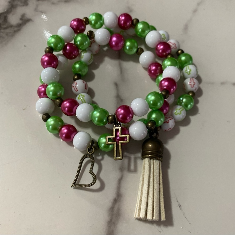 Pink and Green Christian Cross Charm Beaded Bracelets Set